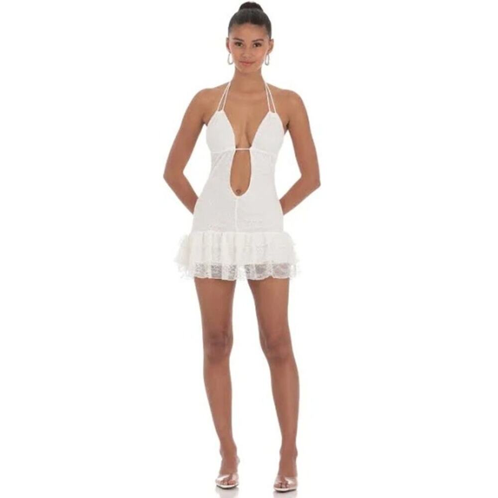 Blanc Clothing Sexy Deep Plunge Lace Ruffle Tie Halter Dress Coquette Fairy